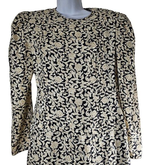 Vintage 80s Maggie London Dress Womens Size 8 Black Ivory Silk Drop Waist - Picture 2 of 9